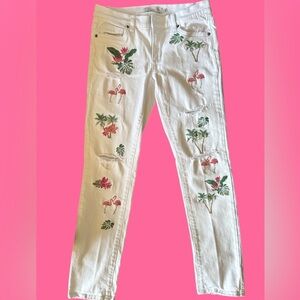 Whimsical Pink and White Skinny Jeans with Floral Embroidery